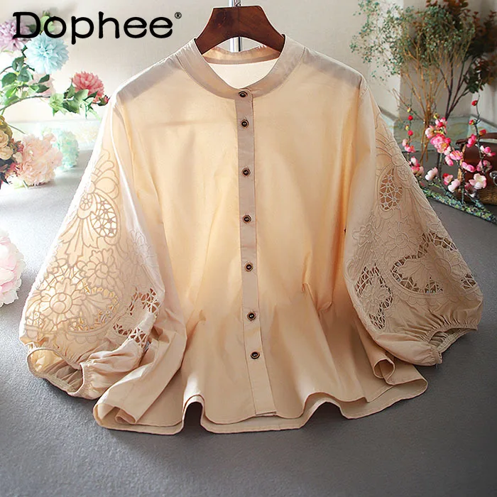 

2023 Retro Lantern Sleeve Cotton Shirts for Womens Artistic Fashion Stand Collar Loose Large Size Embroidery Hollow Top Blusas