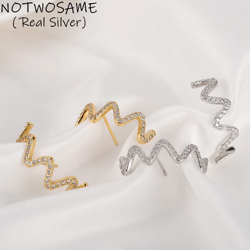 

NOTWOSAME Sparkly Crystals Waves Studs Earrings for Women Korean Simple Girls Students Dress Jewelry 925 Sterling Silver Brincos