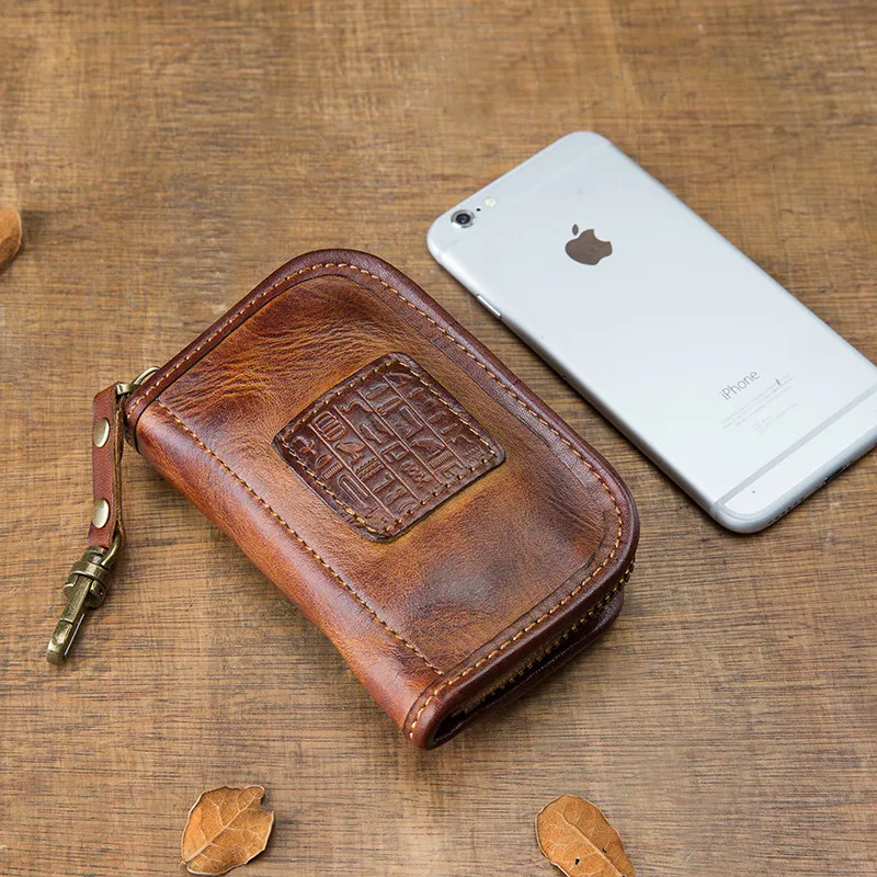 Vintage handmade natural real cowhide men's women's key cases fashion casual genuine leather samll ID card holder coin purse
