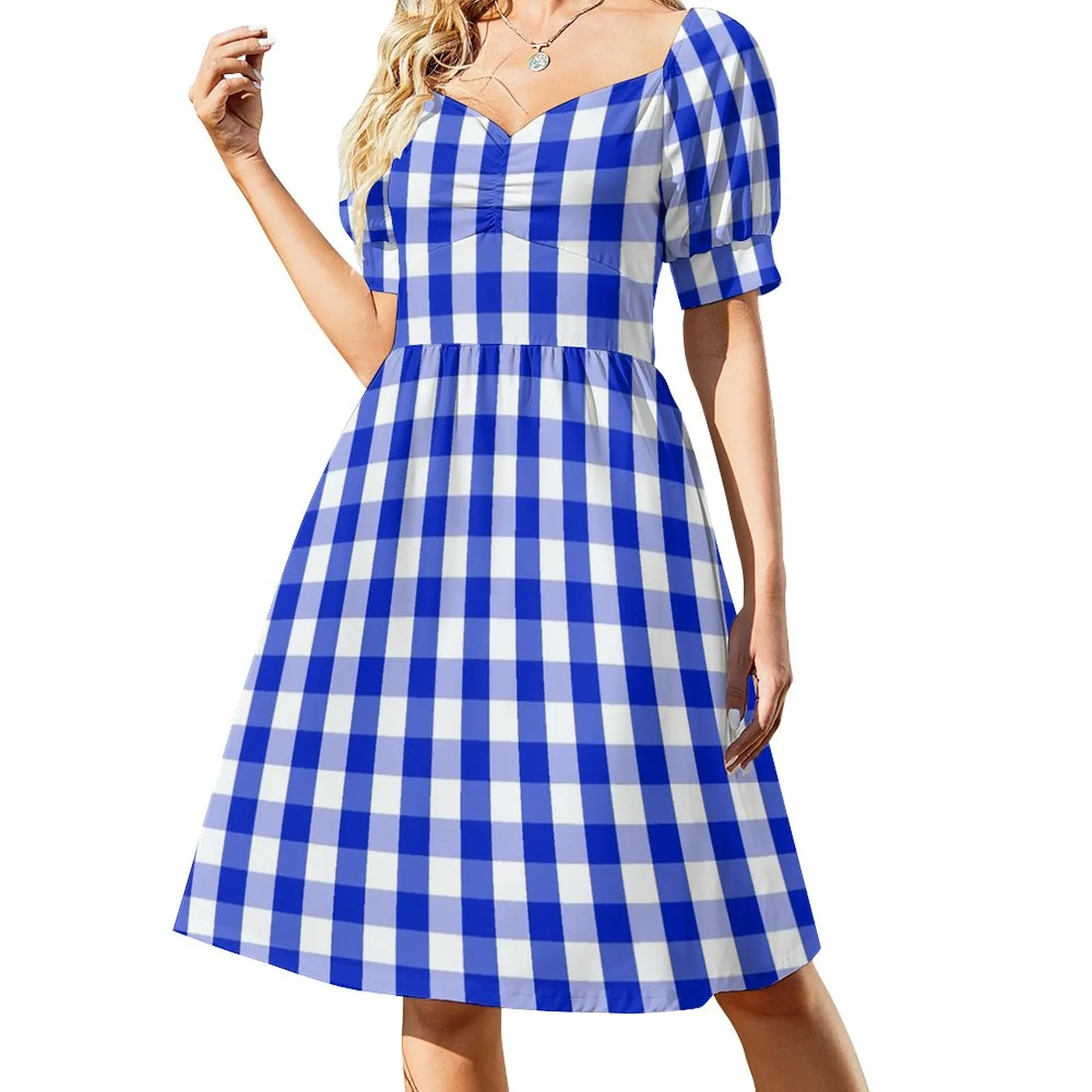 

Blue And White Gingham Casual Dress Check Plaid Squared Aesthetic Dresses Sexy V Neck Kawaii Design Dress Large Size