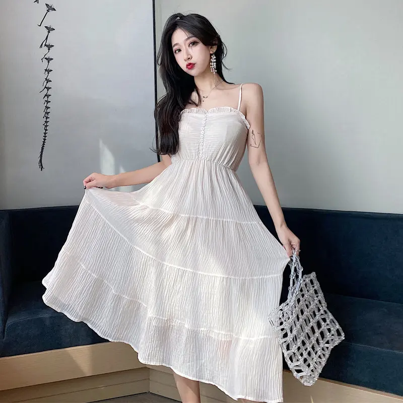 

Summer Casual Sweet Spaghetti Strap White Color New Ladies Slash Neck Mid Long Big Swing Dress Korean Slim Waist Cute Sundress