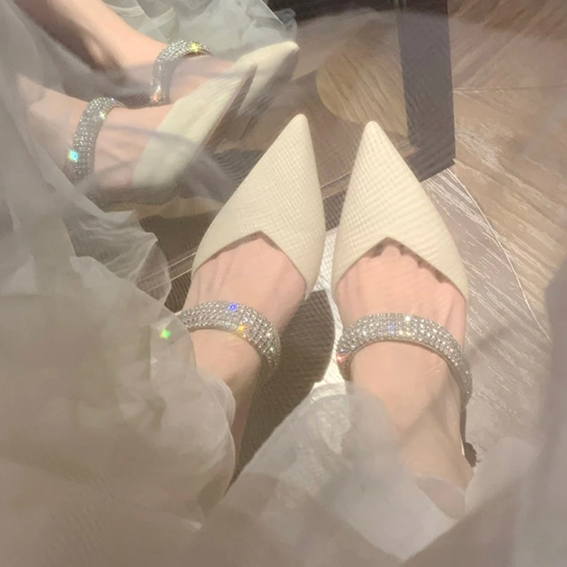 Black High-heeled Shoes Women's 2023 Spring Summer New Women's Shoes Stiletto Pointed Toe Pumps Rhinestone Glitter Mules Pumps