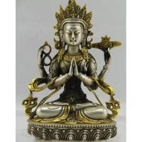 Copper Brass Home Metal Crafts Tibet Tibetan Buddhism Silver Bodhisattva Four arm Kwan Yin Buddha Statue