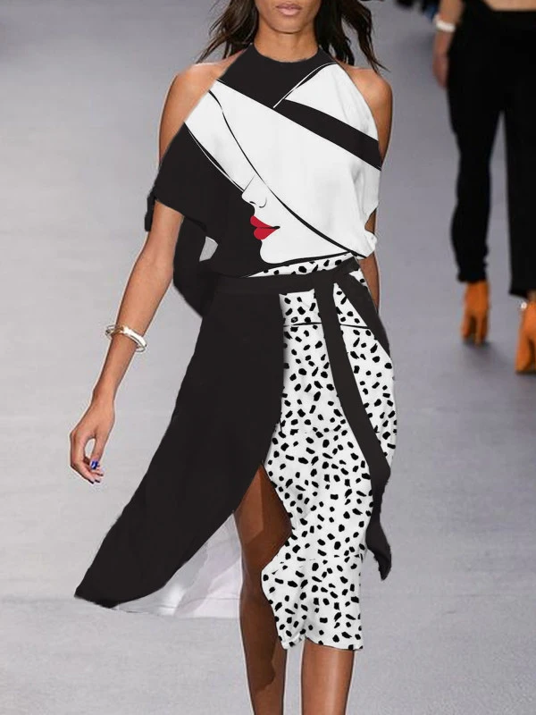 

Women Commuter Patchwork Dot Leopard Printed Dress Sexy Halter Tie-Up Split Irregular Dress 2022 Fashion Off Shoulder Pary Dress
