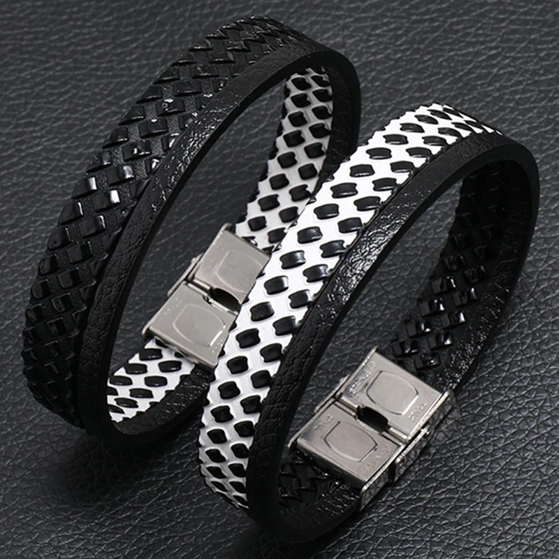 

New Fashion Black And White Check Leather Men Bracelet Classic Punk Style Leather Bracelet For Men Jewelry Gift