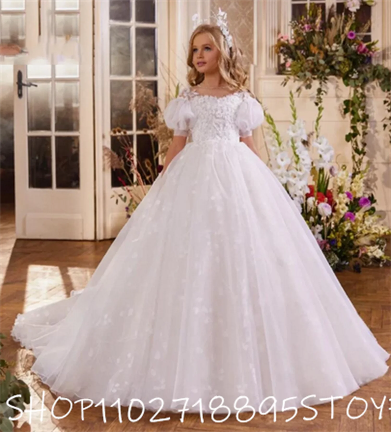 

Белое платье для девочек ручной работы с цветами, красивое Тюлевое кружевное платье, платье принцессы для первого причастия, платье для свадебной вечеринки для девочек 1-14 лет