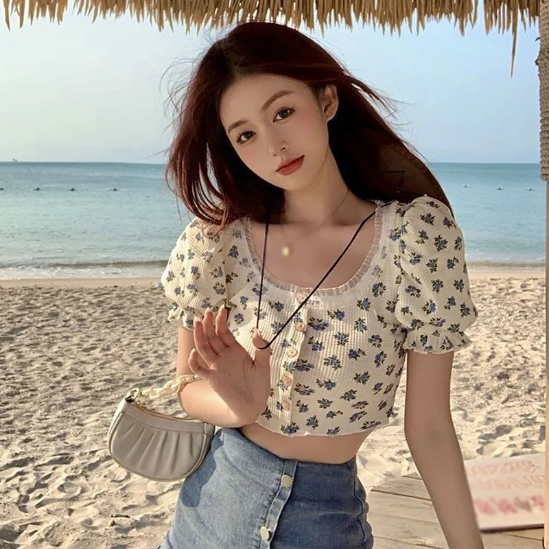 

Women's Cropped Tops Floral Print Off Shoulder Short Lantern Sleeve Cropped Navel Summer Short Tops Cute Sweet For Girls