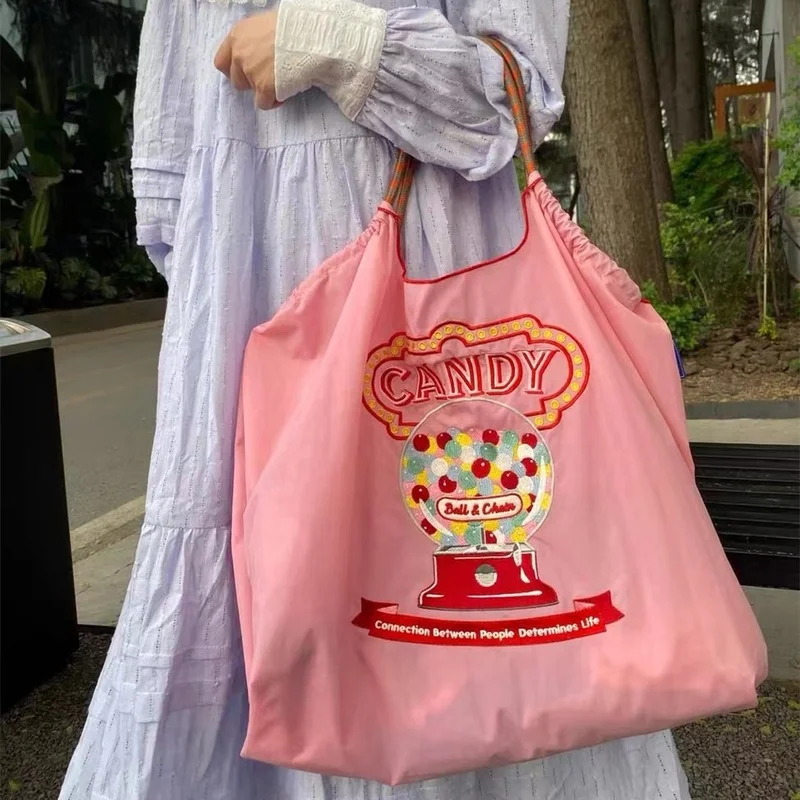

Cartoon Embroidery Women Nylon Shoulder Bag Donut Sweet Girls Travel Tote Handbags Female Large Shopping Bags Drawstring Pocket