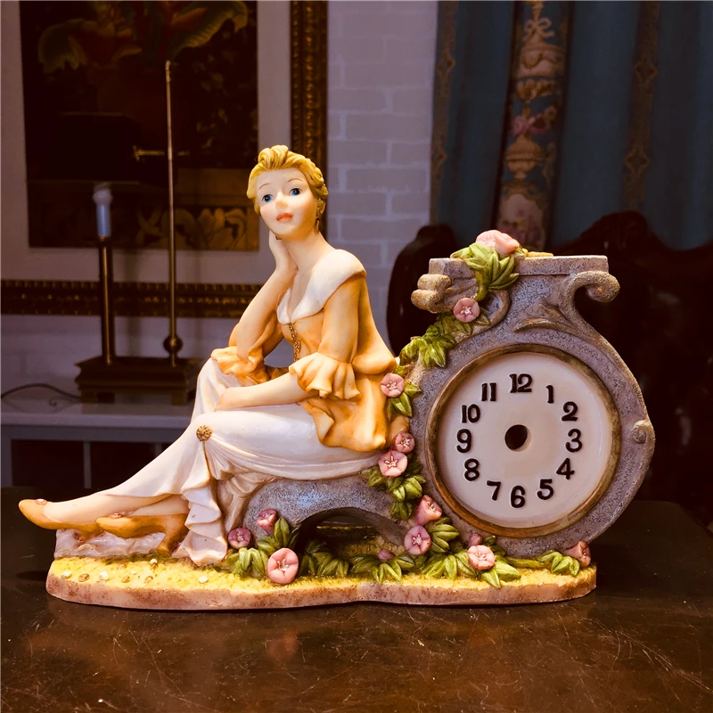 

Lady seat clock ornaments hand-painted figures American retro living room creative desk clock ornaments