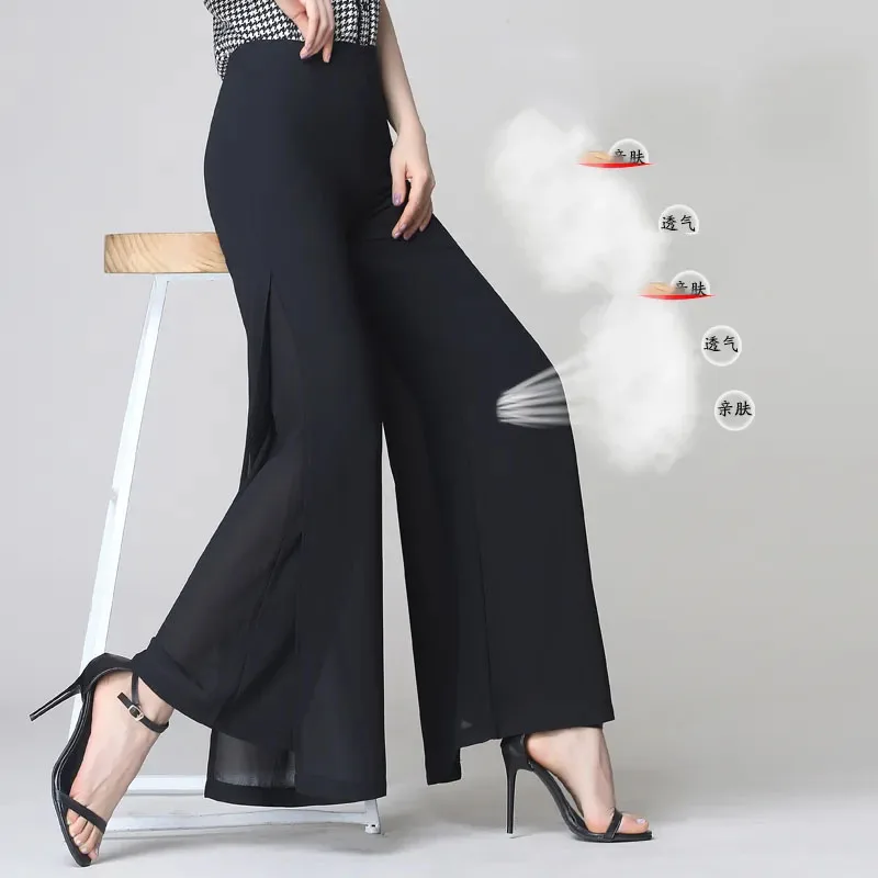 Женские шифоновые брюки с широкими штанинами двухслойные высокой талией