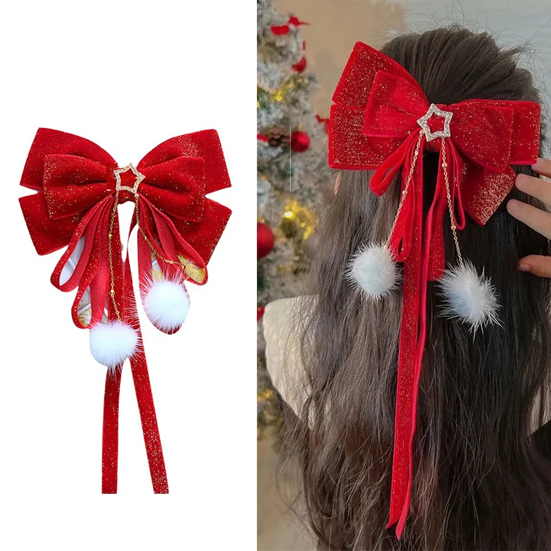 Красный бархатный бант украшение для волос круги заколки Рождество Новый Год
