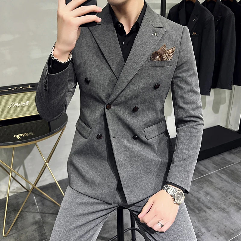 New S-7XL (Blazer + Trousers) Men's Suit Fashion Single and Double Breasted Italian Style Slim Wedding Dress Men's 2 Piece Set