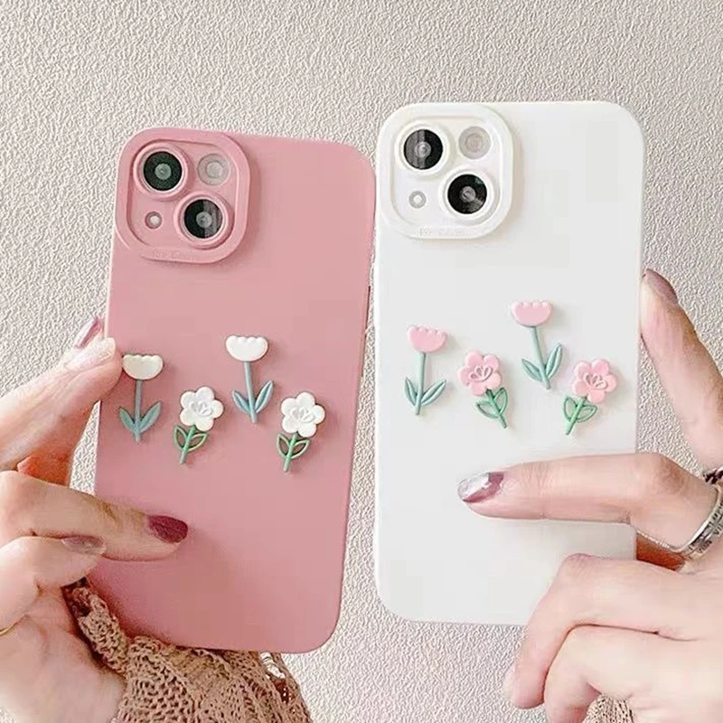 

Korean Aesthetic 3D Flower Pink Phone Case For iPhone 13 12 11 Pro XS Max X XR 7 8 Plus SE Cute Tulip Soft Silicone Back Cover