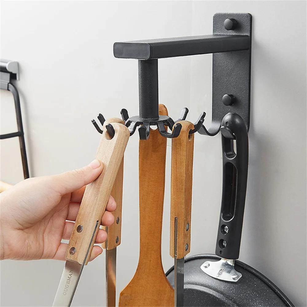 

360 Degree Rotating Kitchen Hook Free Punching Retractable Spatula Rack Space Aluminum Black Simple Kitchen Storage Rack