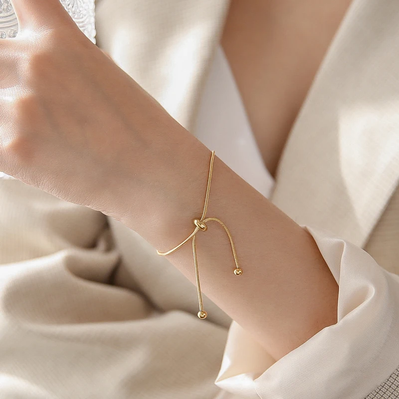 

Simple Design Stainless Steel Pull-out Adjustable Bracelet Gold Color Snake Chain Bangle for Women Girl Men Beads Jewelry Gift