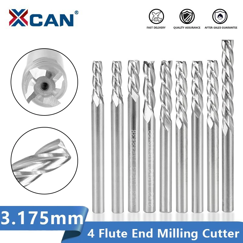 XCAN End Mill 4 Flute Carbide Milling Cutter 3.175mm Shank Spiral Flat Milling Bit Aluminum Cutting CNC Router Bit