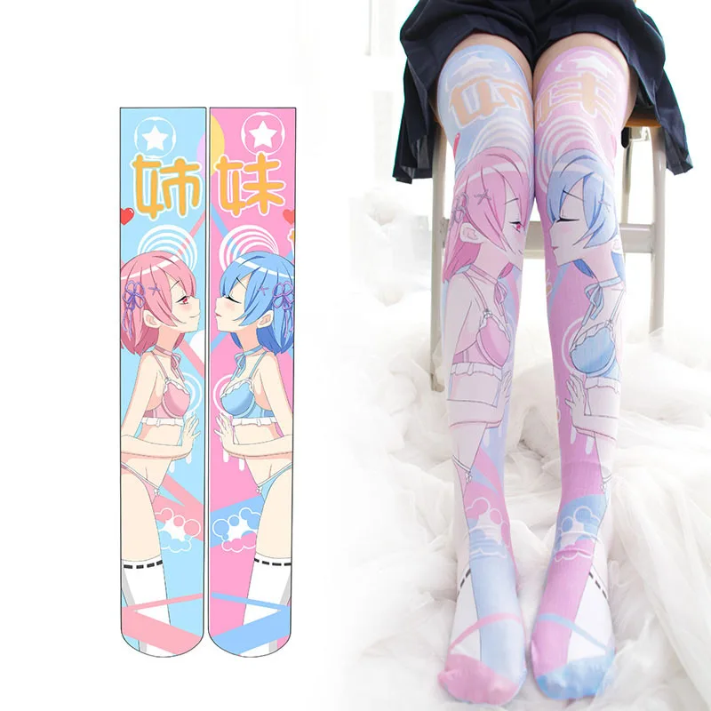 Women Girl Re:Zero Rem Ram Lolita Stocking Thigh High Sock Dance Cosplay Japanese Anime Over Knee Socks Plus Size