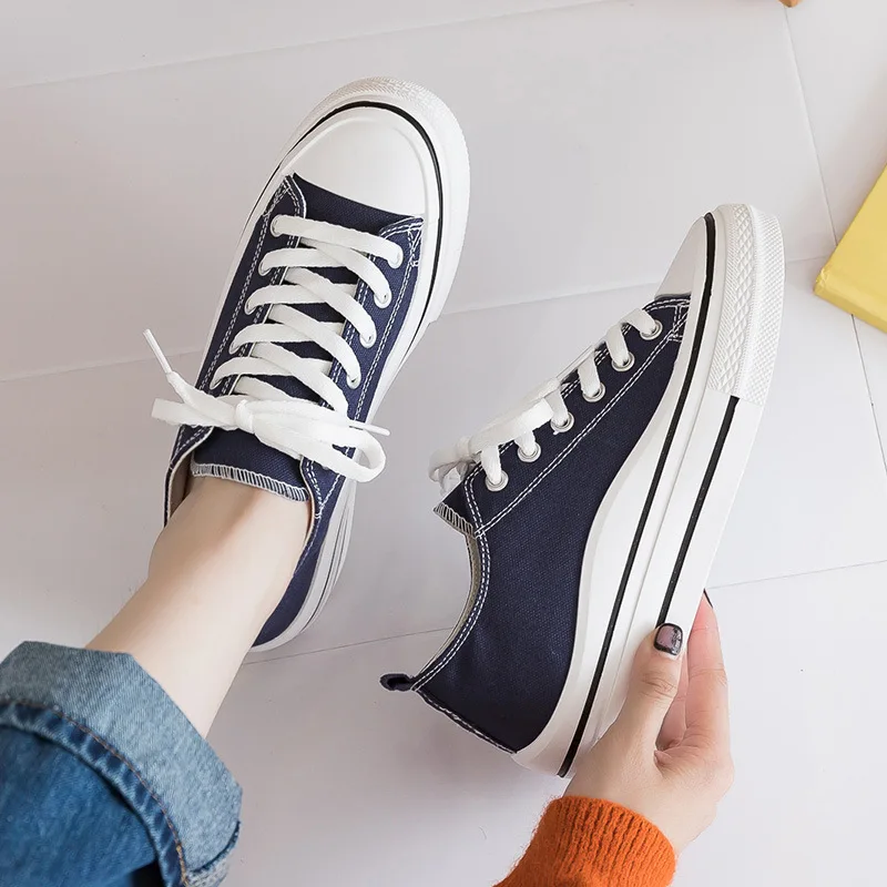 2023 Spring Women Canvas Shoes Summer Fashion Black Lace Up Girls Casual Shoes Sneakers Woman Comfortable Flat Vulcanize Shoes