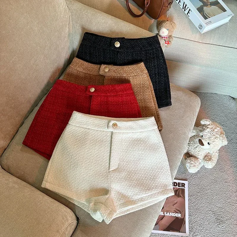 Корейские женские твидовые шорты с высокой талией милые офисные повседневные