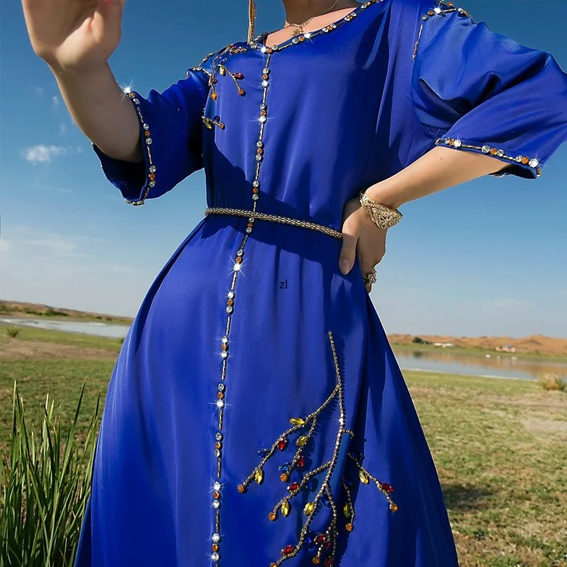 Royal Blue Satin Mid Sleeve Elegant Long Dress 2022 New Fashion Ramadan Dresses Muslim Dubai Abaya Satin Kaftan Eid Mubarak