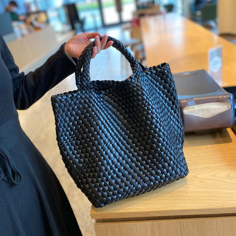 

women braided woven split leather black white top-handle handbag for lady luxury delicate high quality shoulder bag