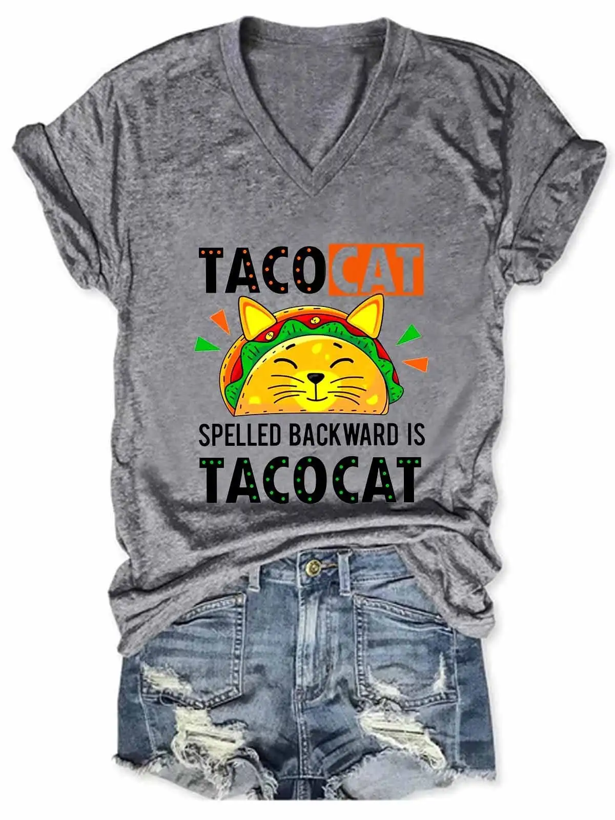 Lovessales Womens Spelled Backward Is Tacocat Funny Cat V-neck Short Sleeve 100% Cotton T-shirt images - 2