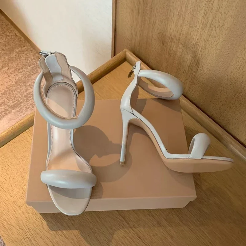 High Fashion Super Heel Back Zipper Sandals Sexy Genuine Leather Ankle-Strap Stiletto Lady Wedding Banquet Sapato Feminino