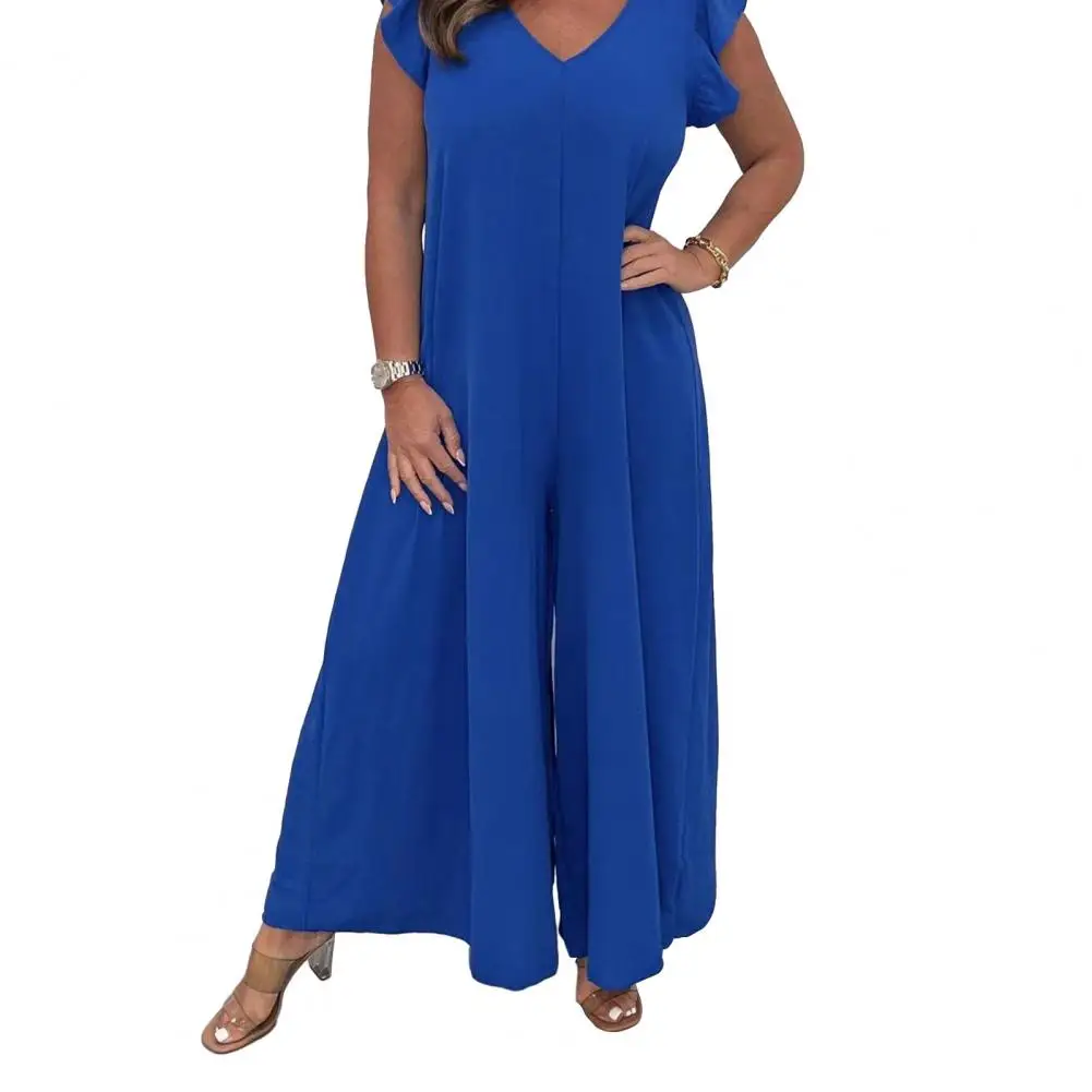 

Women Jumpsuit Flying Sleeve V Neck Wide Leg Jumpsuit Solid Color Backless Straight Deep Crotch Playsuit