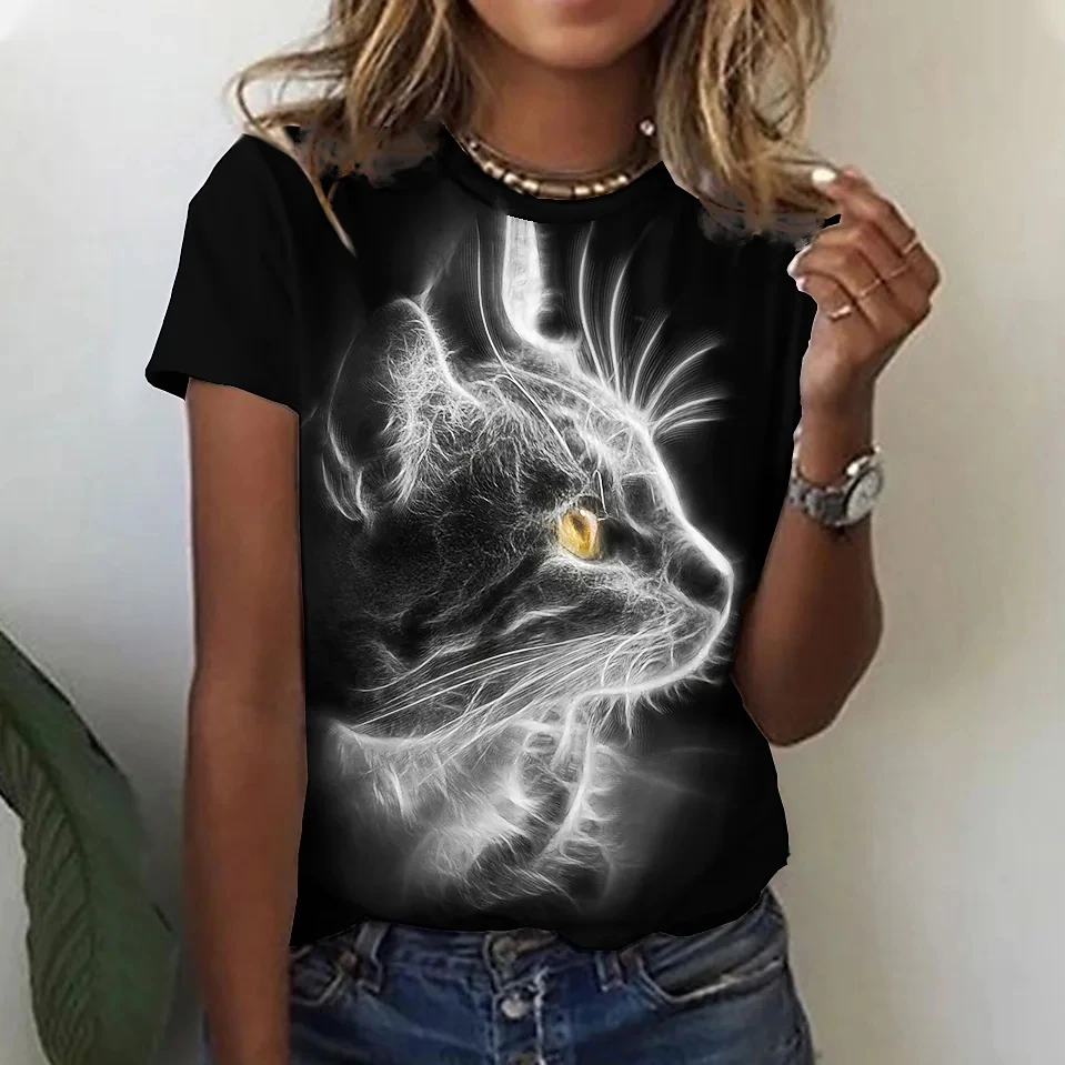 

Женская футболка с коротким рукавом, круглым вырезом и принтом кошек