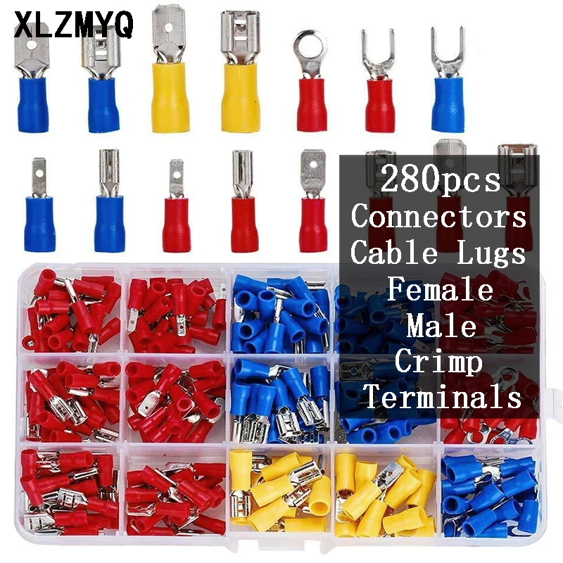 

280pcs Cable Lugs Assortment Kit Wire Flat Female and Male Insulated Electric Wire Cable Connectors Crimp Terminals Set Kit