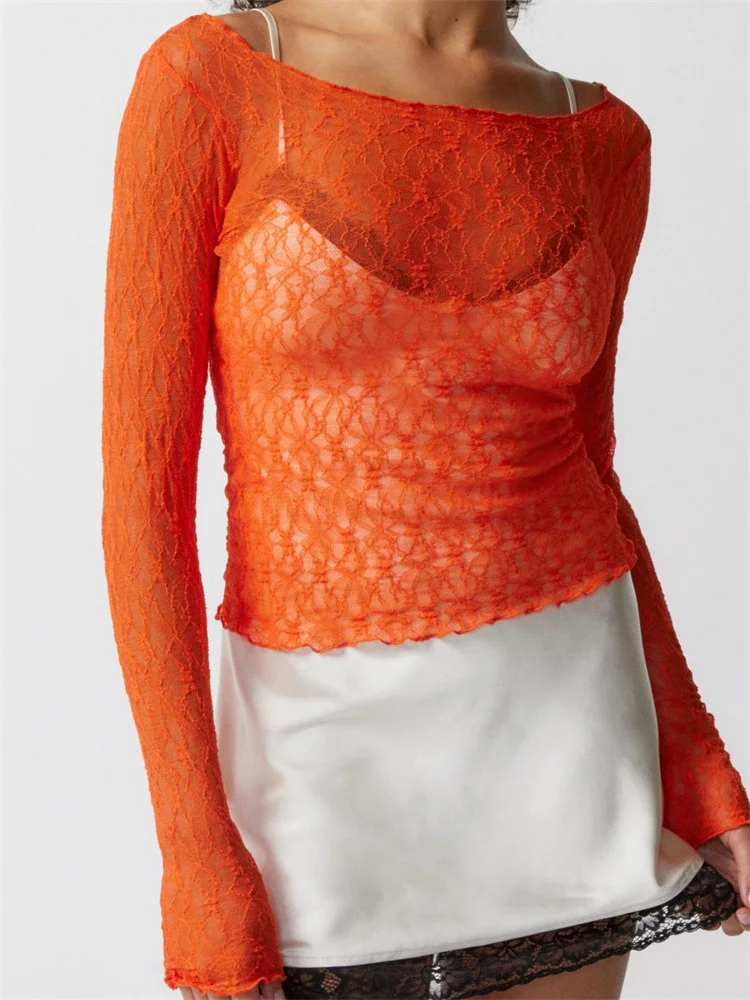 

CHRONSTYLE Women Lace Floral T-shirts Crop Tops Long Sleeve Slim Mesh Sheer See Through Tees Shirts Summer Party Streetwear 2023