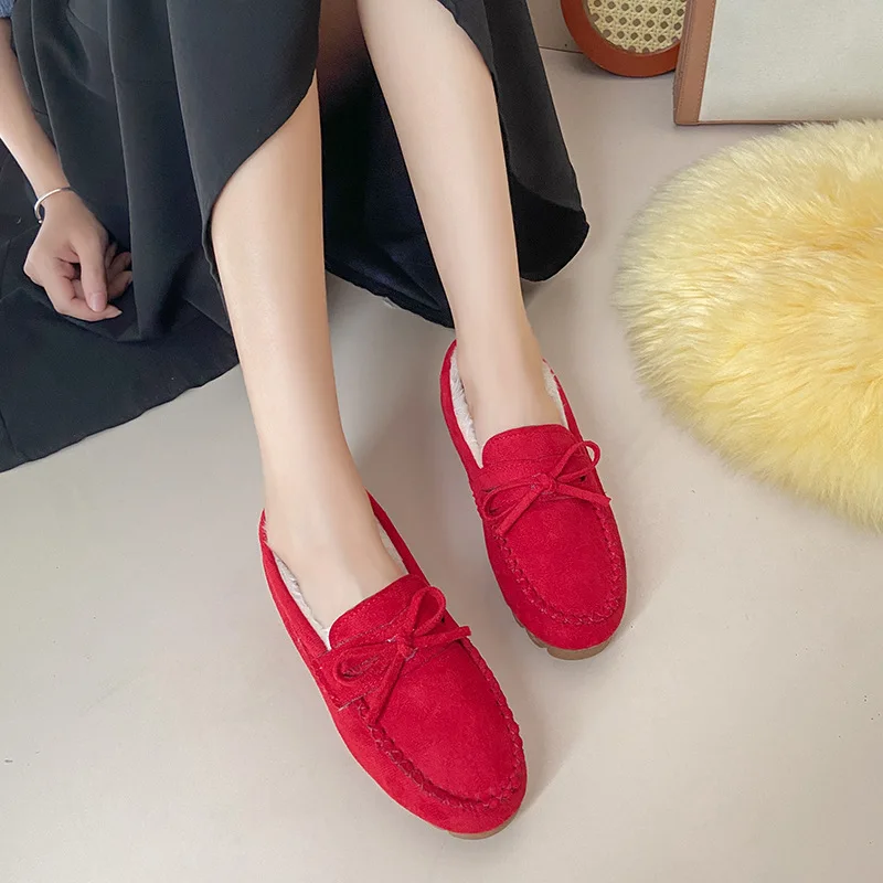 Winter Women Casual Flat Shoes Moccasins Soft Loafers Women's Comfort Warm Plush Bow Slip on Female Cotton Shoes