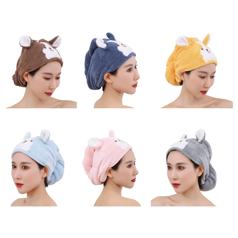 

Cartoon Dog Absorbent Hair Towel Turban Wrap Quick Dry Shower Hat with Button Drop shipping