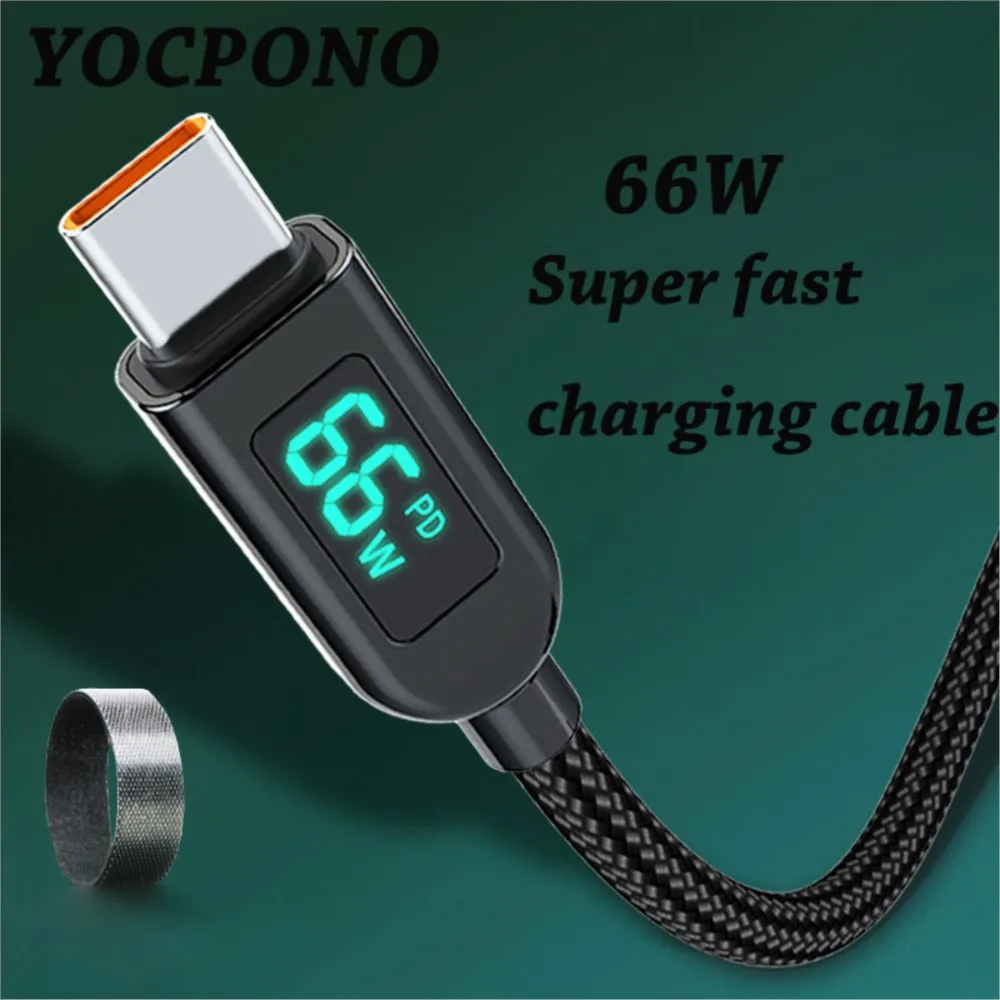YOCPONO Dual-head Type-c Digital Display 66w Data Cable 6A Applicable To Huawei Oppo100w Super Fast Charging Pd Charging Cable