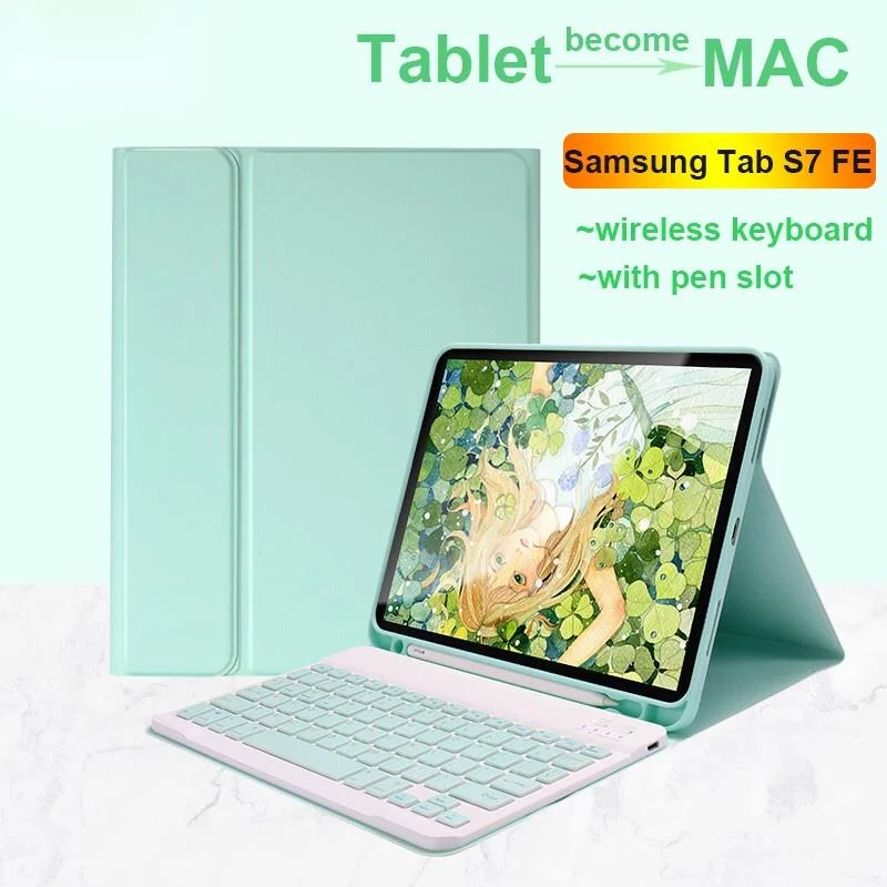

Galaxy Tab S7 FE T730 T733 Keyboard Case For Samsung + Plus Wireless Bluetooth Leather Smart