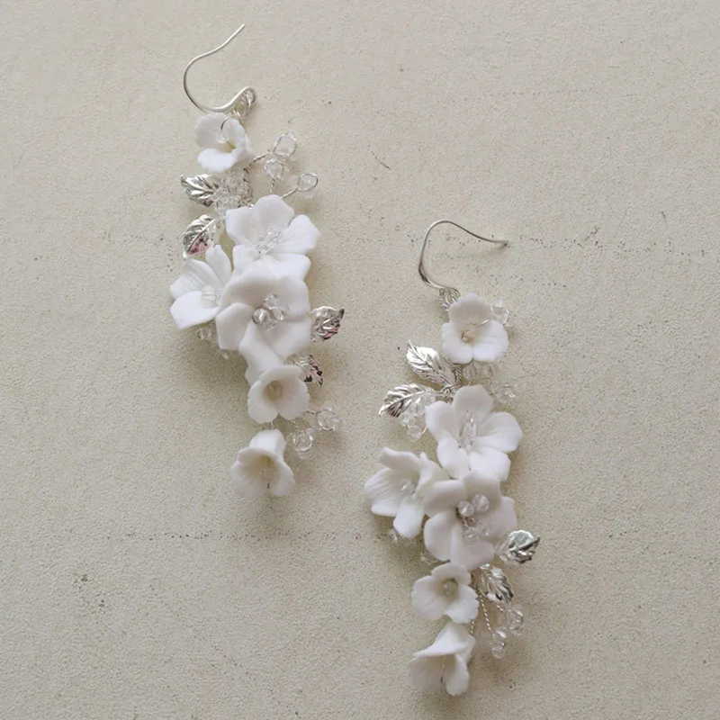 

Gold Silver Color Wedding Earrings Ceramic Floral Bridal Accessories Handmade Leaf Women Drop Earring