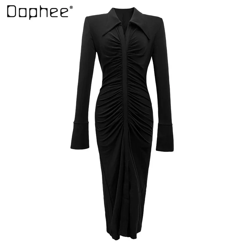 Women's Polo Collar Pleated Slim Fit Slit Dress 2022 Casual Knitted Blend High Waist Pullover Black Midi Dresses Women Spring