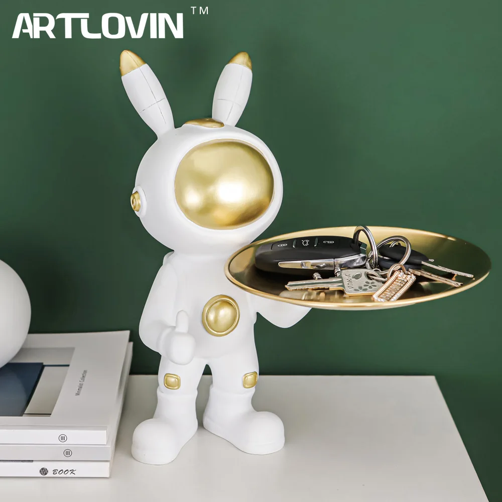

Modern Decorative Space Rabbit Sculpture Tray Golden Sculpture For Home Decor Creative Living Room Decorations Astronaut Figures