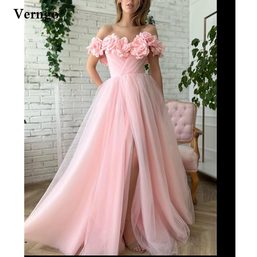 

Verngo Baby Pink Tulle Long Prom Dresses 3D Flowers Off the Shoulder Boho Wedding Party Dress Slit Side Pockets Evening Gowns