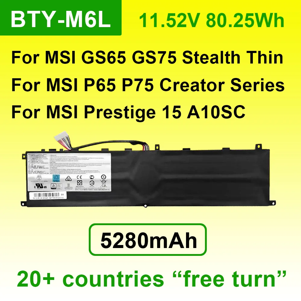 BTY-M6L Аккумулятор для ноутбука MSI GS65 GS75 Steslth Thin 8RF 9SE P63 P65 P75 Creator Prestige 15 A10SC 2 в 5280 Вт/ч