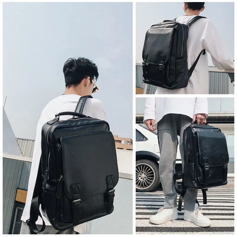 PU Leather Computer Backpack Men's USB Charging Backpacks Laptop Business Boys School Bags