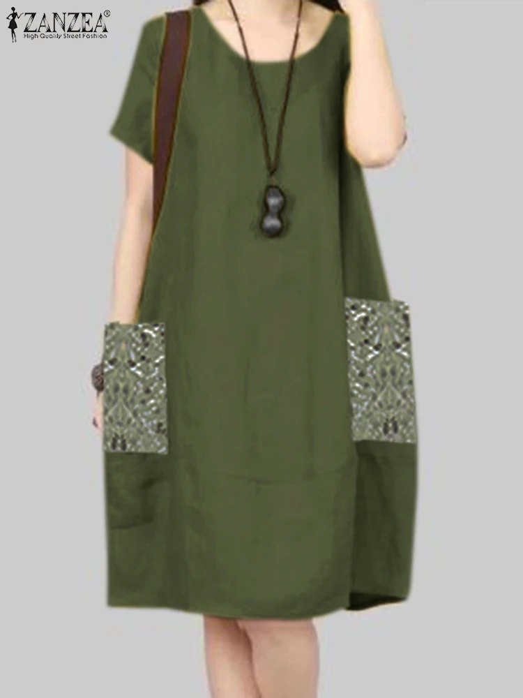 

ZANZEA Summer Elegant Loose Sundress Stylish Sequin Splicing Midi Dress Woman Short Sleeve O-Neck Dresses Casual Streetwear Robe