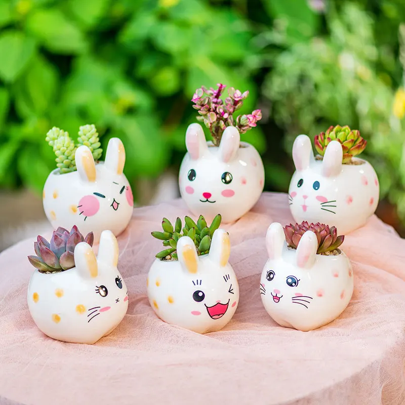 

Милый маленький кролик, мясистый цветочный горшок, маленький керамический цветочный горшок, украшение для рабочего стола, подарки для офис...
