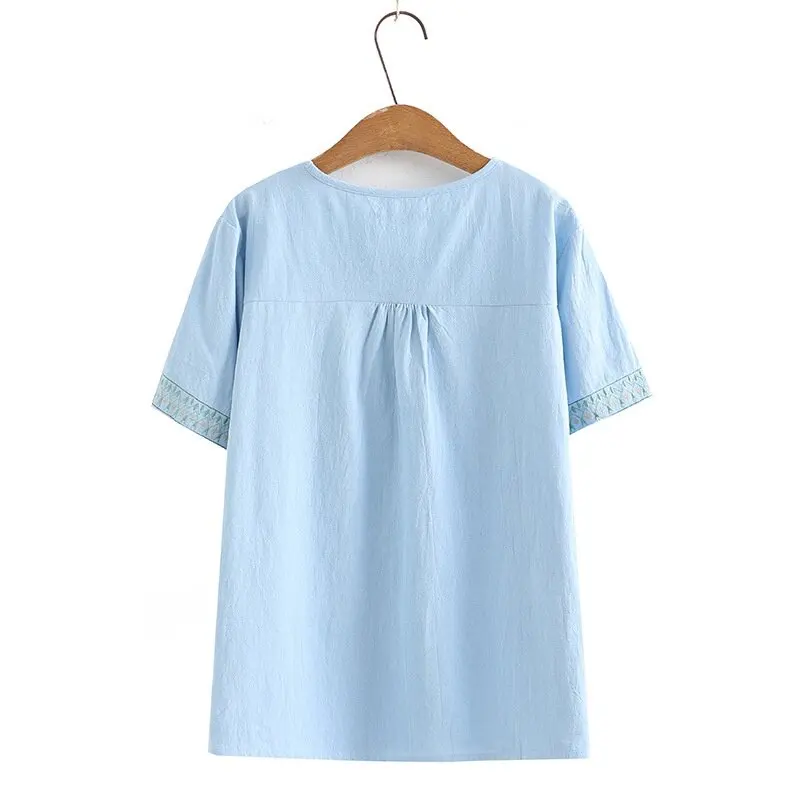 Plus Size Women's Short Sleeve Full Cotton Summer Shirts Oversized A-line Vintage Female Tops Large Size Fashion Embroidery Top