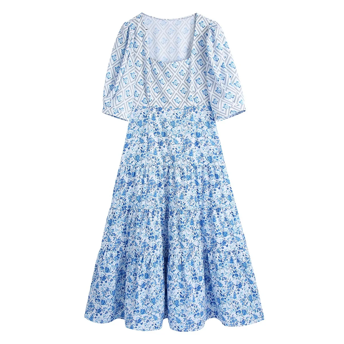 

Women's Print Dress Summer Square Collar Ladies Short Sleeve Holiday Dresses A Line Patchwork Long Sundress for Female 2022