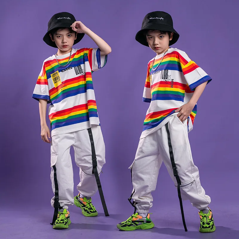 

Детская одежда в стиле K-POP в стиле хип-хоп, модная футболка в разноцветную полоску, комбинезоны, брюки, летний костюм для джазовых танцев для девочек и мальчиков