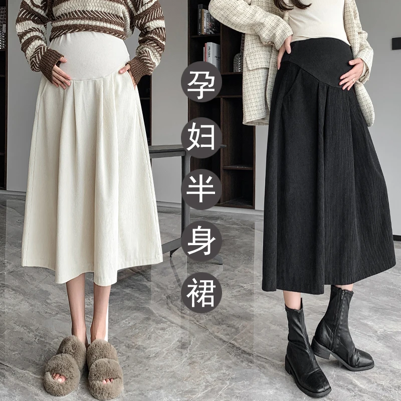 

2213# Autumn Fashion Corduroy Maternity Skirts Loose Straight Elastic Waist Belly Bottoms Clothes for Pregnant Women Pregnancy