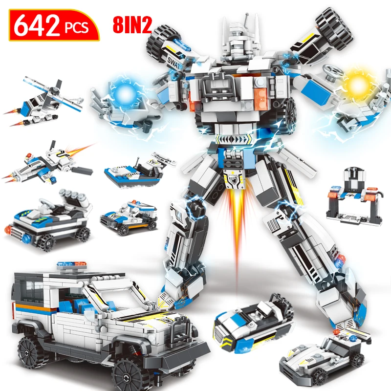 

642pcs 8 in 2 Deformation Engineering Robot Series Building Block Aircraft Car Vehicle Bricks DIY Toys for Children Gifts