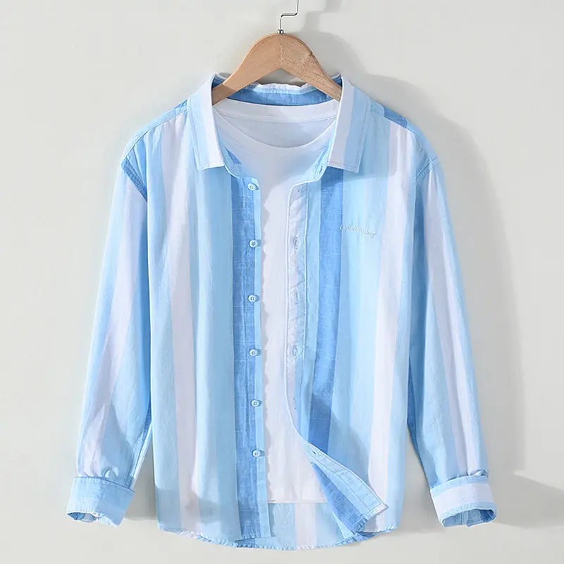 

2022 New Fashion Striped Men Autumn Button Down Cotton Loose Long Sleeve Casual Square Collar Shirts Male Brand Clothing Top W03