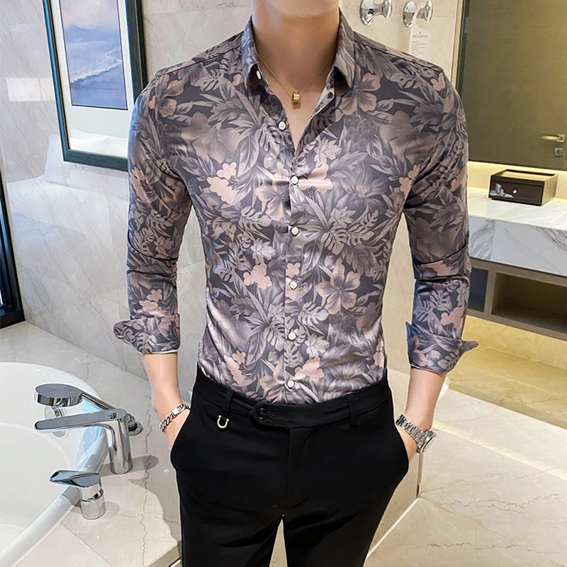 Vintage Flower Shirts for Men 2022 Long Sleeve Casual Business Formal Shirt Slim Fit Streetwear Social Party Tops Chemise Homme